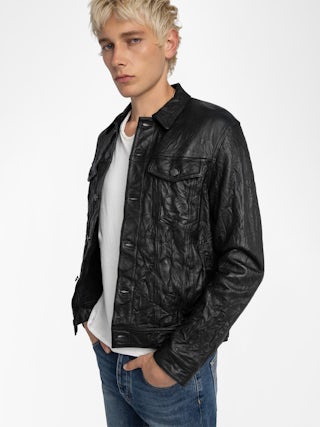 Base Crinkled Leather Jacket - Crumpled leather jacket with long sleeves and button closure.