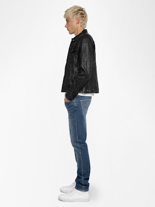 Base Crinkled Leather Jacket - Crumpled leather jacket with long sleeves and button closure.