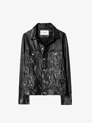 Base Crinkled Leather Jacket - Crumpled leather jacket with long sleeves and button closure.