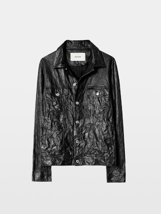 Base Crinkled Leather Jacket - Crumpled leather jacket with long sleeves and button closure.