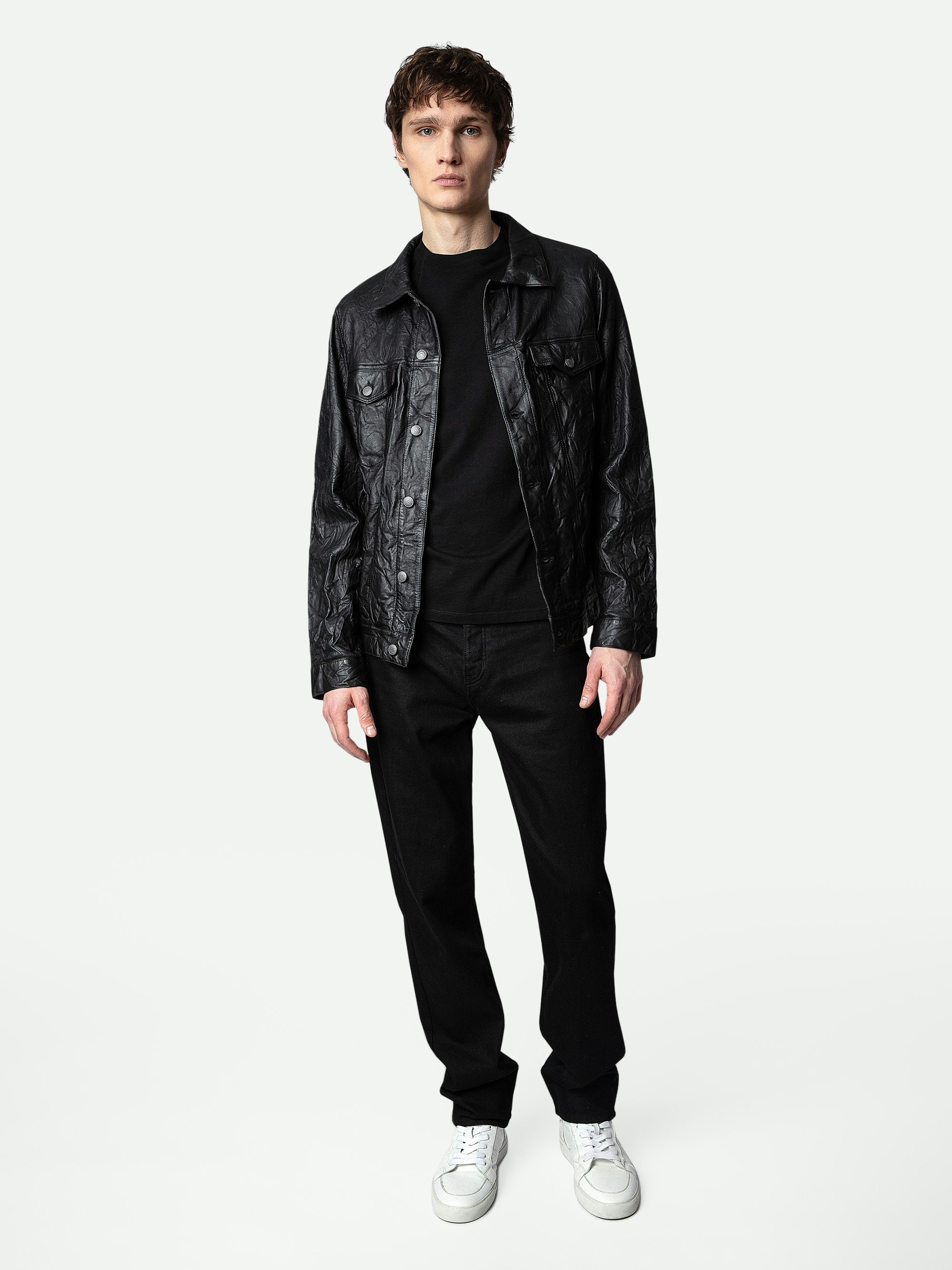 Base Crinkled Leather Jacket - Men's black crinkled leather jacket.