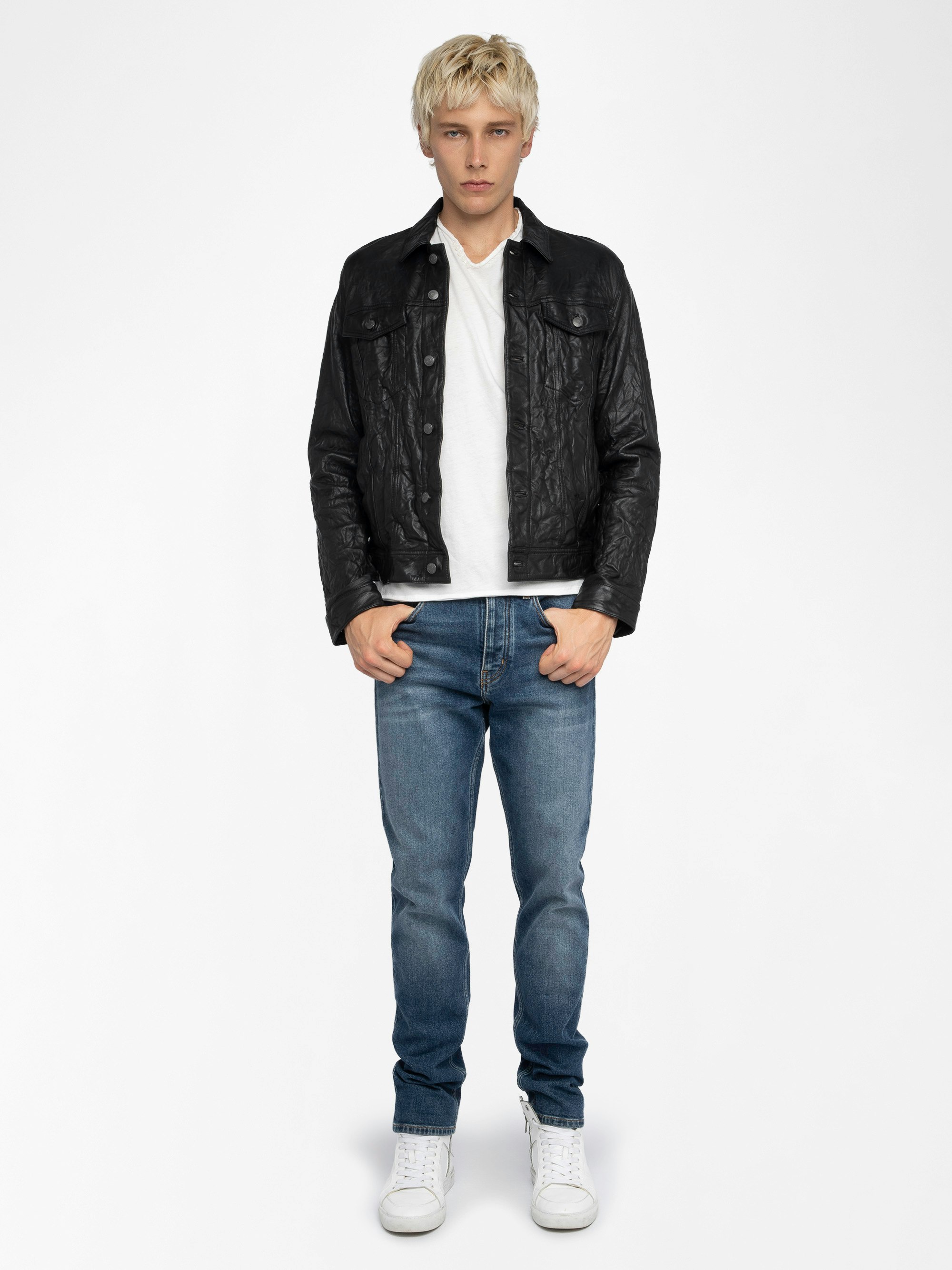 Base Crinkled Leather Jacket - Men's black crinkled leather jacket.