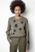 Pull Markus Stars Cachemire - Pull bleu kaki en cachemire femme.