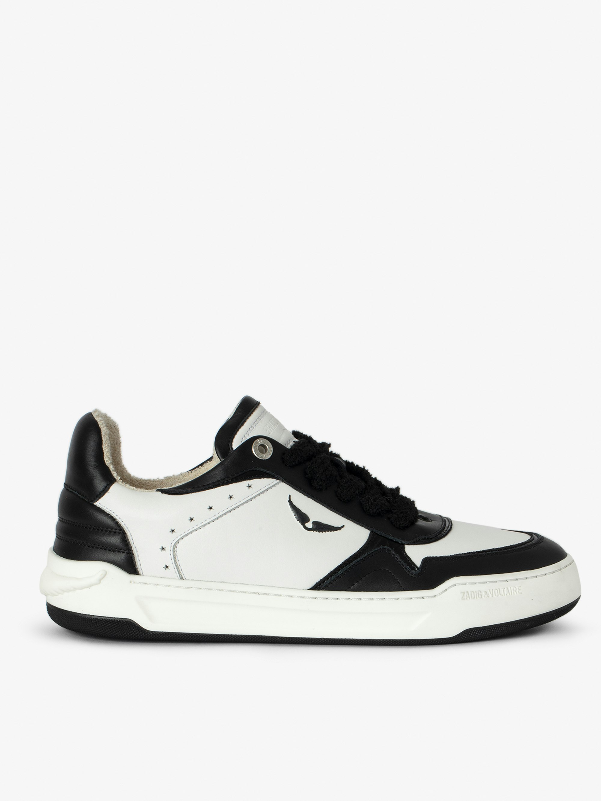 Wings Low-Top Sneakers - Low-top sneakers in smooth black and white leather with suede panels and signature wings.