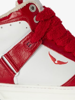 Men's High Wings Trainers - High-top trainers in smooth white leather, with red vintage leather inserts and wing signatures. These trainers are made with materials that have a reduced environmental impact.