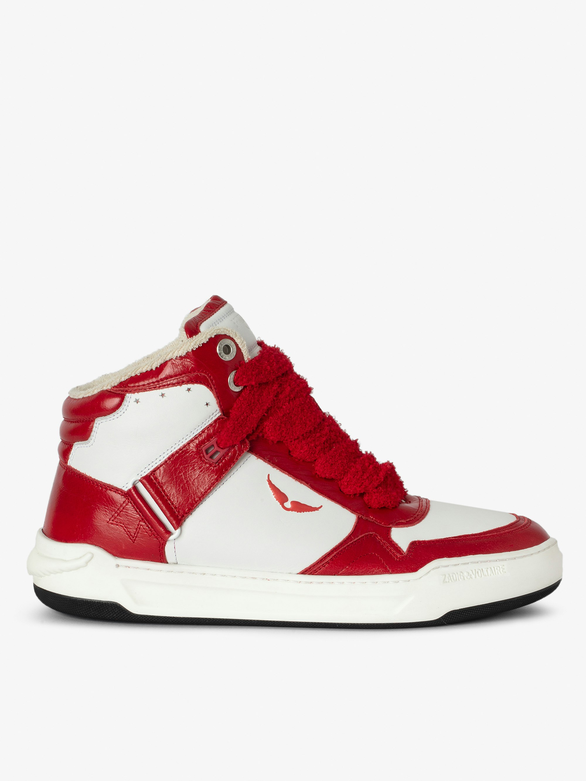 Sneakers Alte High Wings Uomo - Sneakers alte in pelle liscia bianca, con inserti in pelle vintage rossa e firme ad ali.  Queste sneakers sono realizzate con materiali a impatto ambientale ridotto.