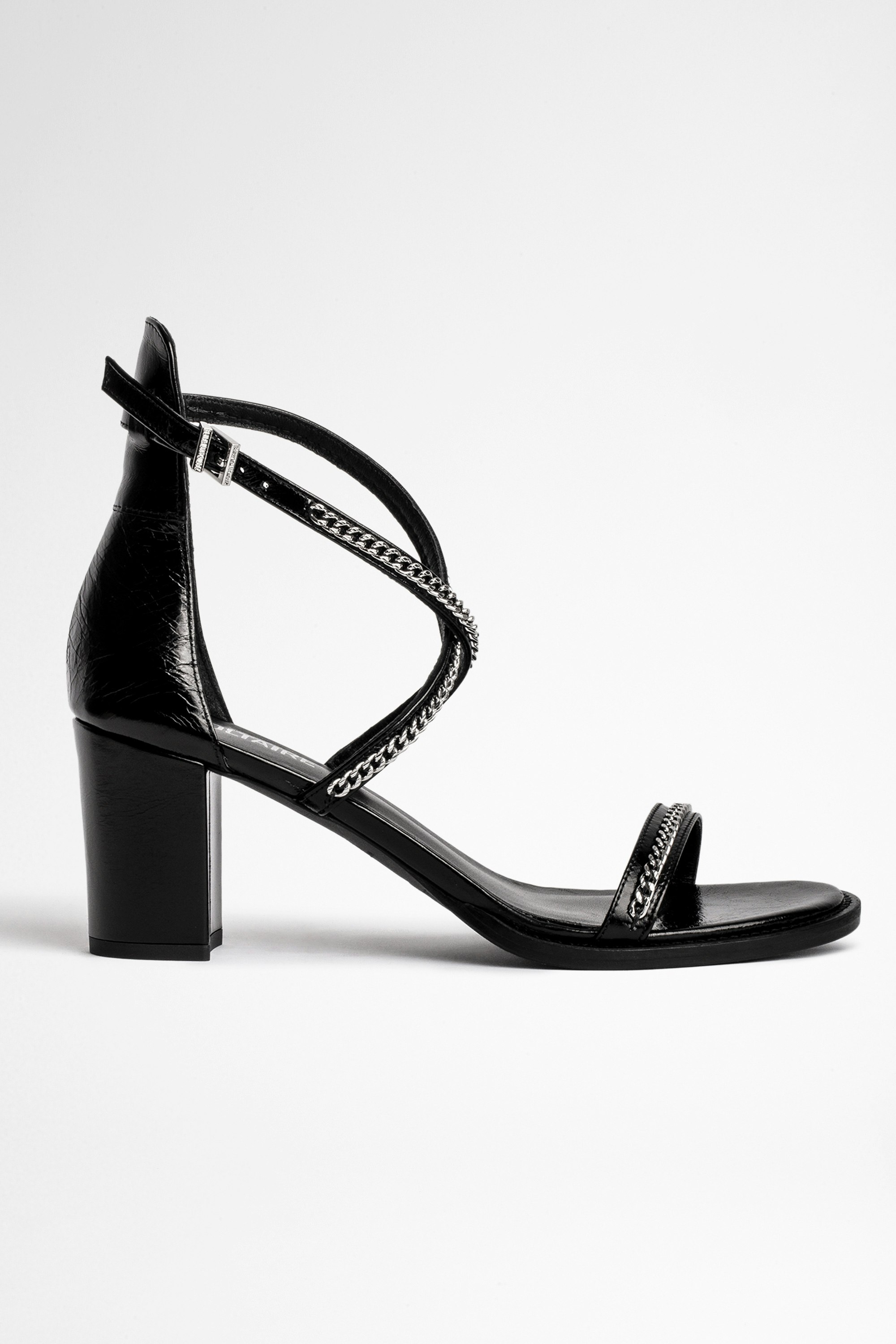 May レザーサンダル Women's black leather sandals with heels and chain straps