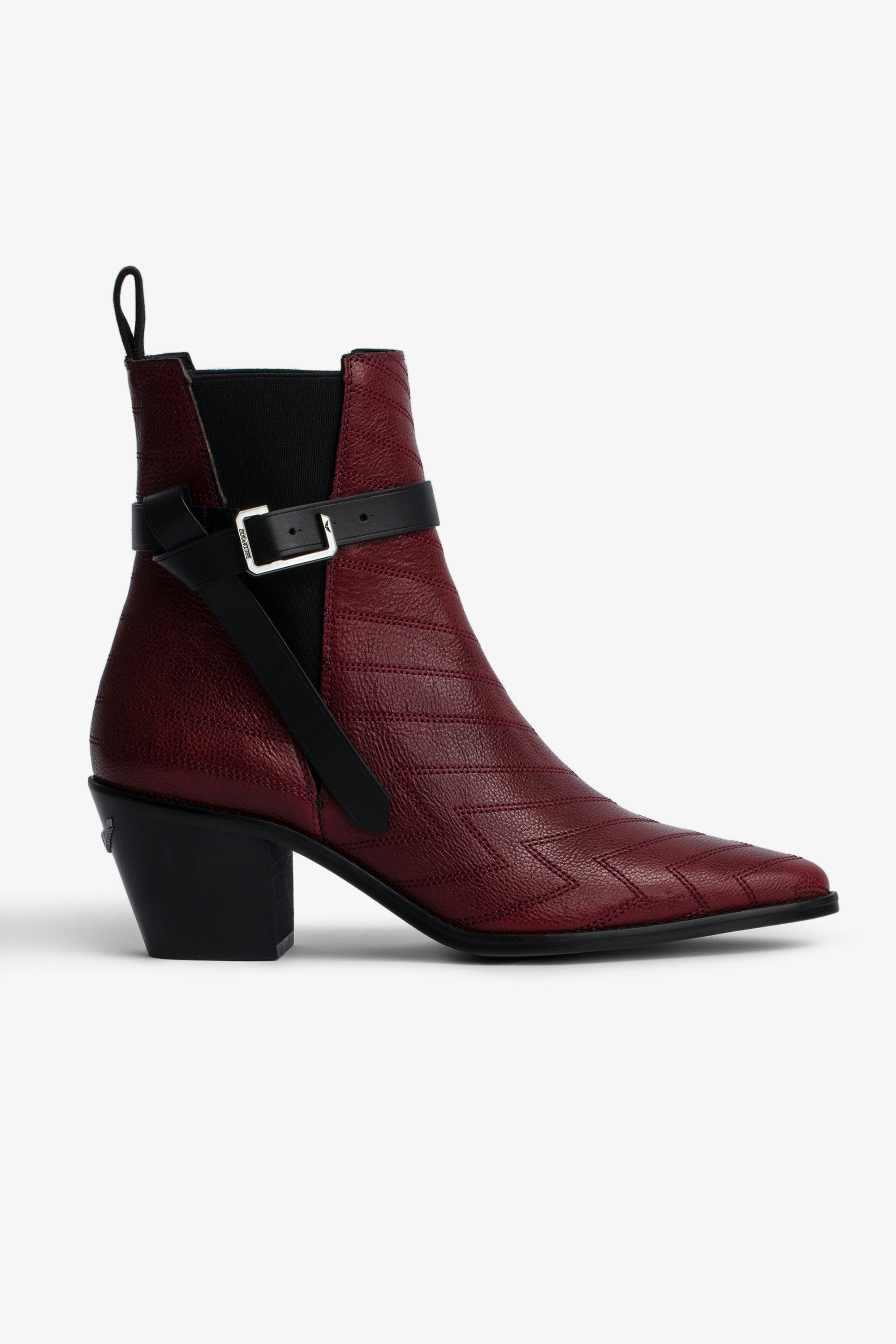 Tyler Ankle Boots Women’s red leather ankle boots with topstitching and adjustable strap