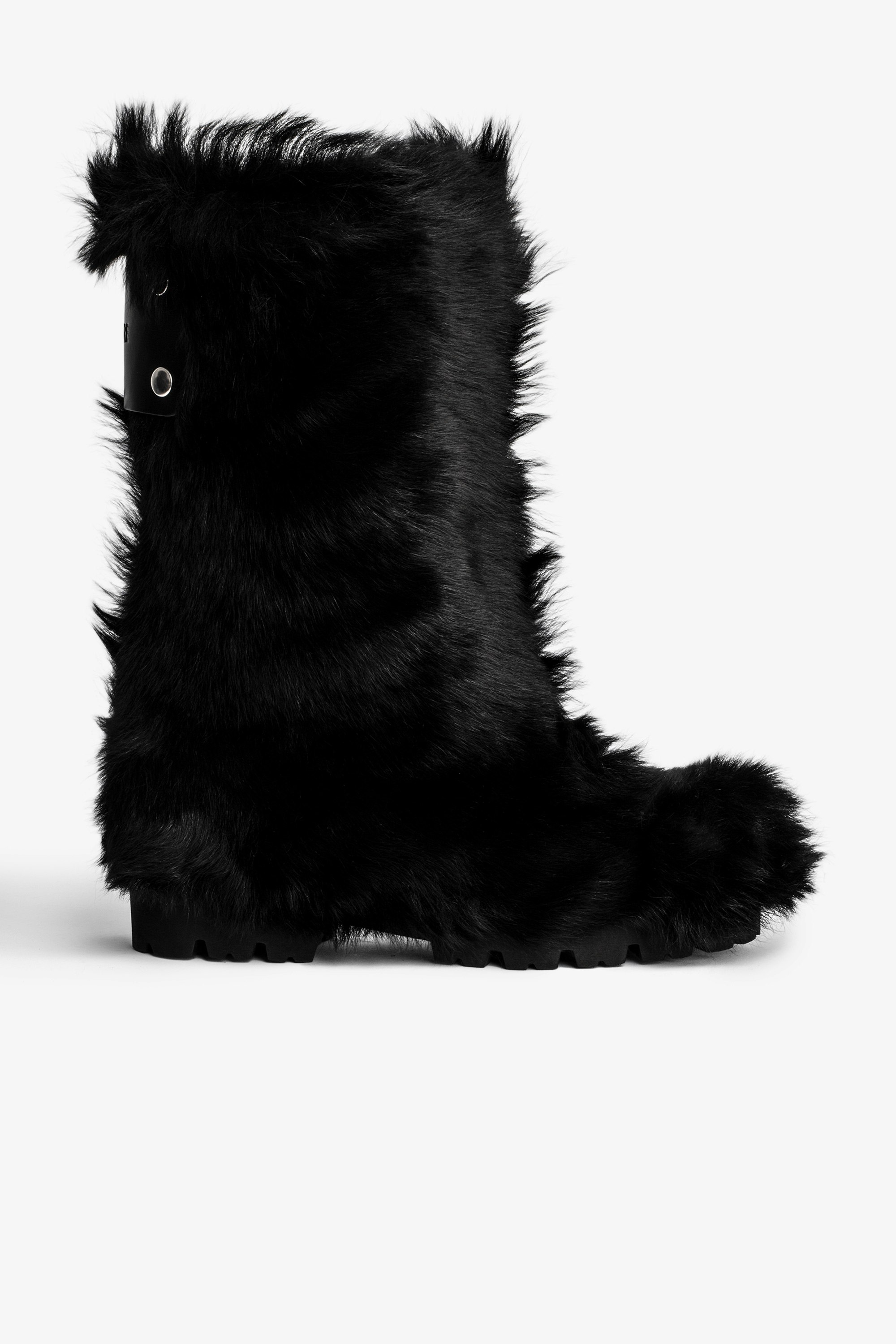Joe Ankle Boots Women’s black faux fur ankle boots with a leather back panel featuring the brand logo