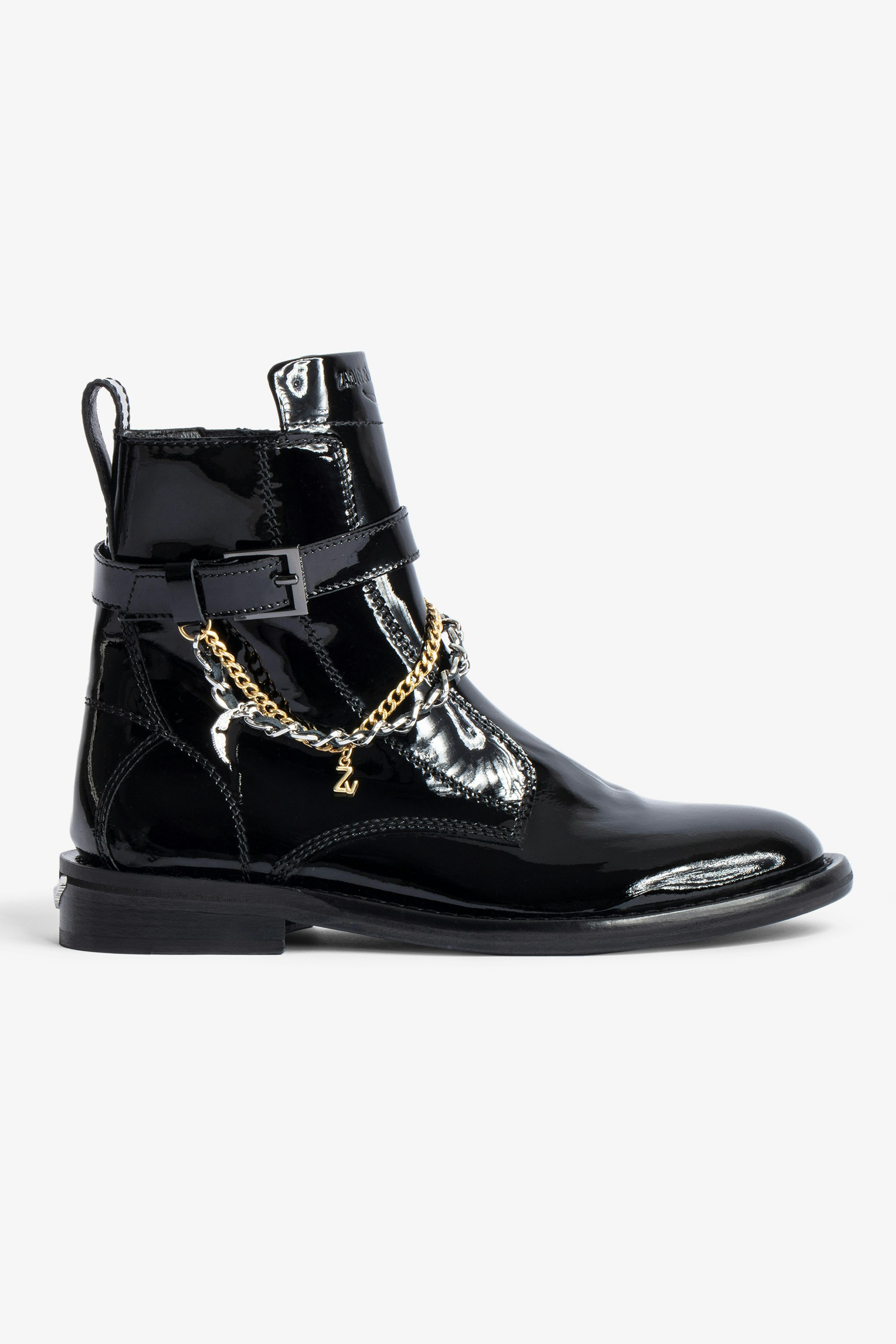 Laureen High Ankle ブーツ Women’s patent black leather ankle boots with strap, double metal and gold-tone chain and charms