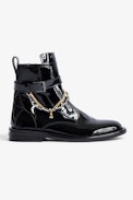 Laureen High Ankle Boots - Women’s patent black leather ankle boots with strap, double metal and gold-tone chain and charms