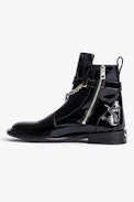 Laureen High Ankle Boots - Women’s patent black leather ankle boots with strap, double metal and gold-tone chain and charms