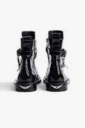 Laureen High Ankle Boots - Women’s patent black leather ankle boots with strap, double metal and gold-tone chain and charms