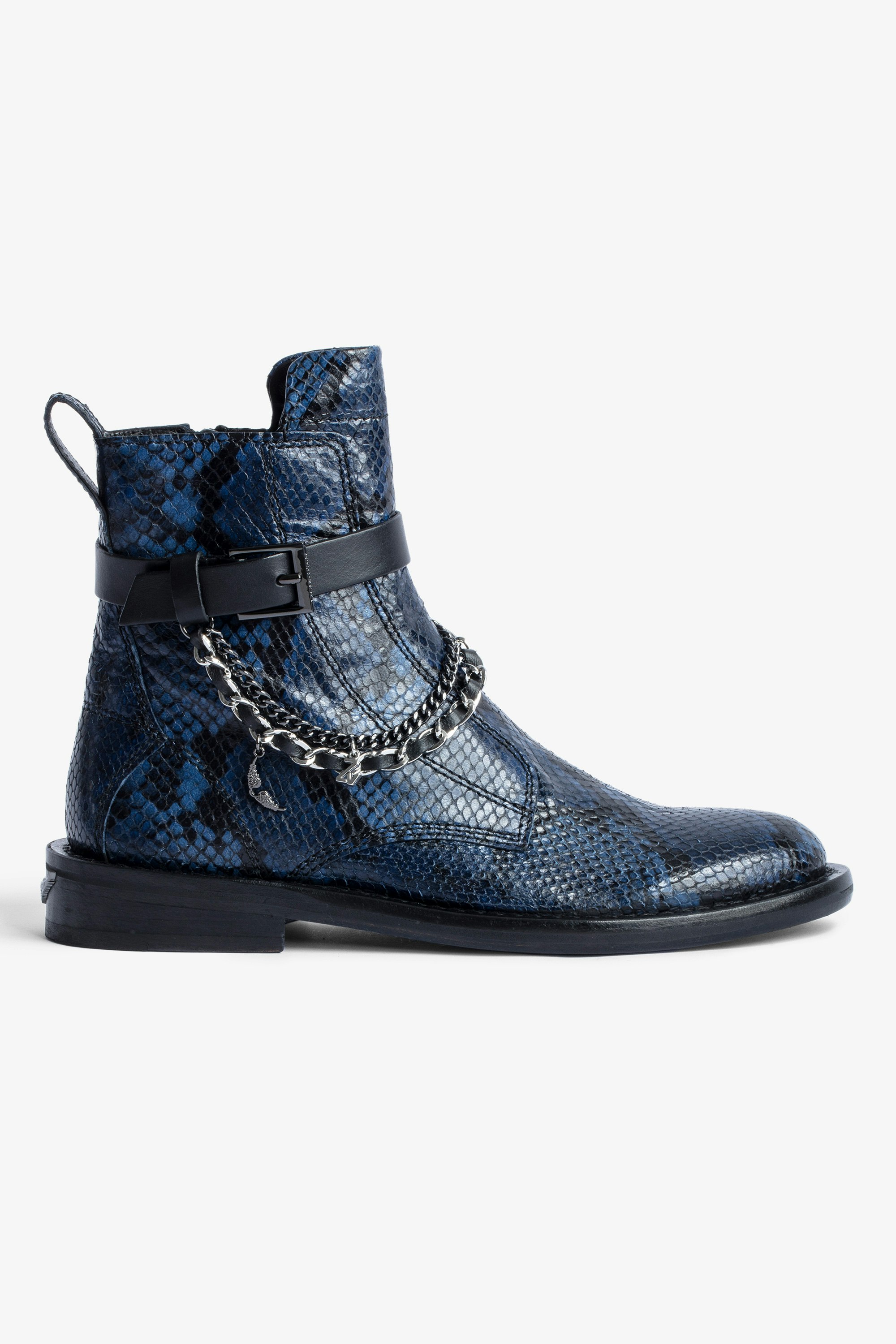 Laureen High Ankle Boots Women’s navy blue snake-embossed leather ankle boots with strap, double metal chain and charms