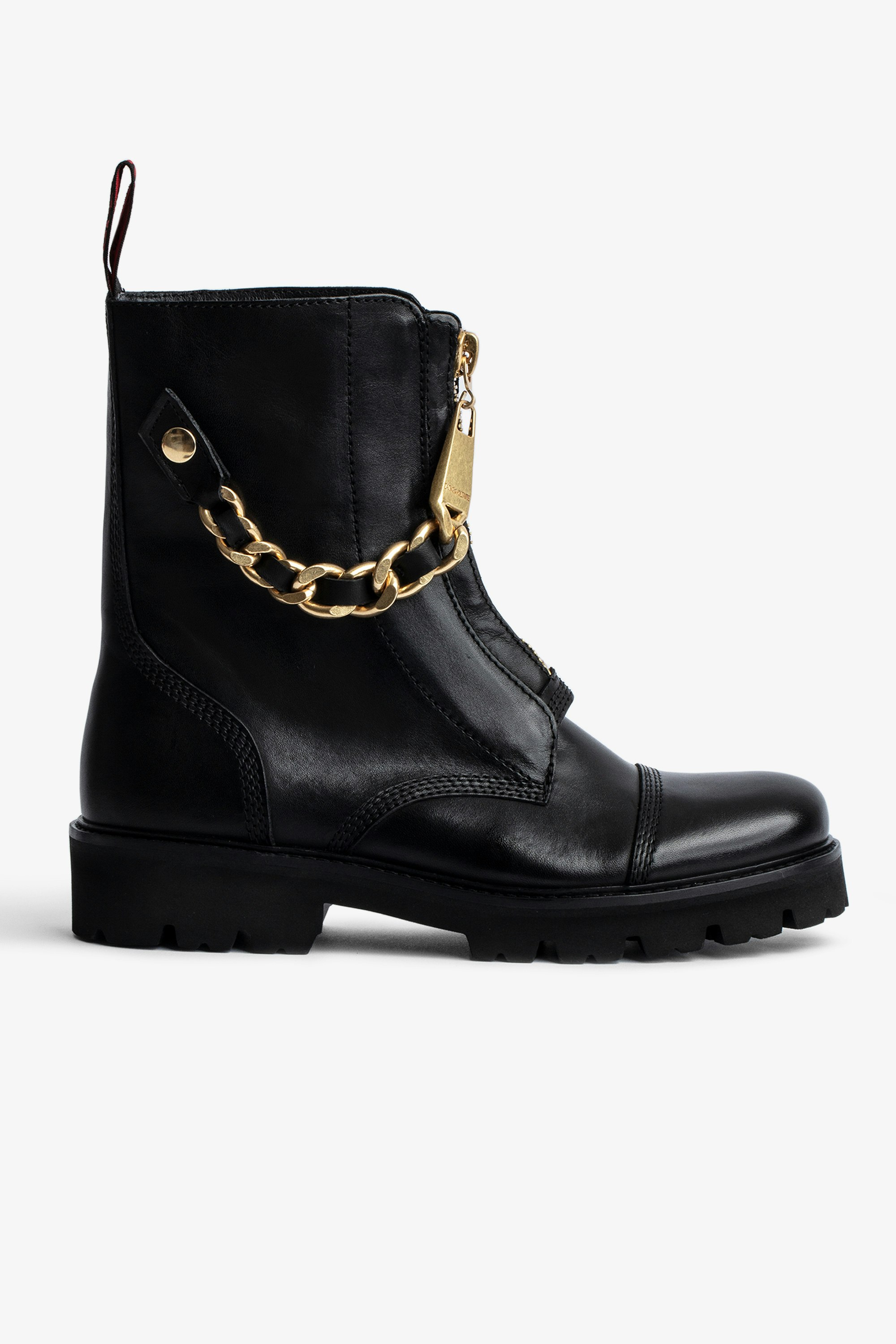 Joe Ankle ブーツ Women’s black smooth leather mid-calf boots with an interwoven gold-tone and leather chain