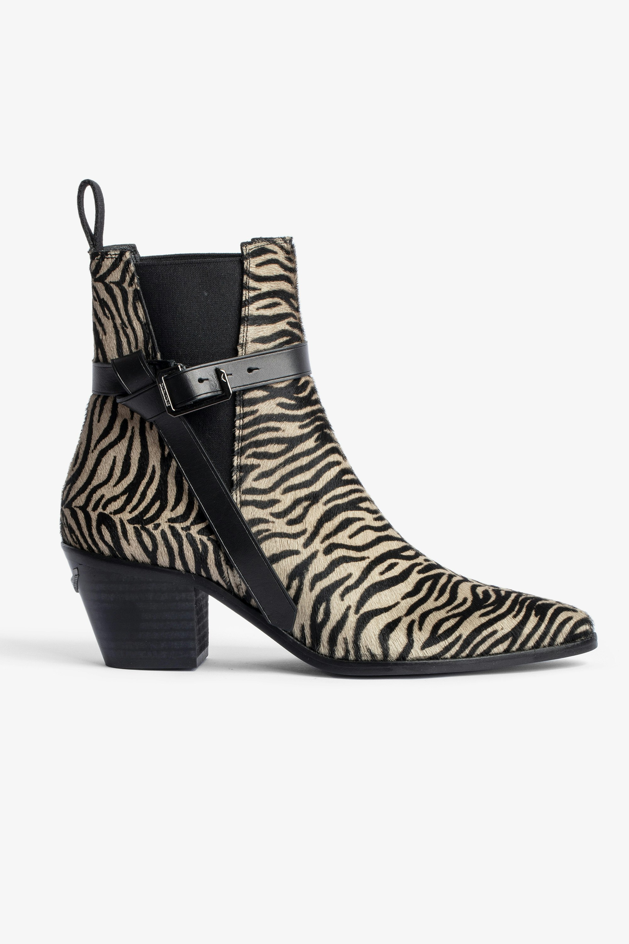 Tyler Ankle Boots Women’s taupe leather ankle boots with contrasting zebra print and adjustable strap
