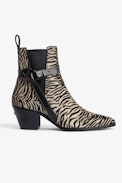 Botines Tyler - Botines de piel de color topo con estampado de cebra de contraste y correa ajustable para mujer