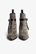 Botines Tyler - Botines de piel de color topo con estampado de cebra de contraste y correa ajustable para mujer