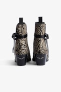 Botines Tyler - Botines de piel de color topo con estampado de cebra de contraste y correa ajustable para mujer