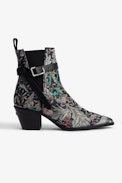 Botines Tyler - Botines de piel negra con jacquard de motivos florales y correa ajustable para mujer