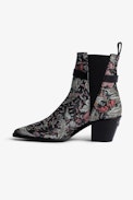 Botines Tyler - Botines de piel negra con jacquard de motivos florales y correa ajustable para mujer