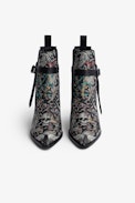 Botines Tyler - Botines de piel negra con jacquard de motivos florales y correa ajustable para mujer