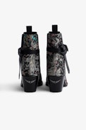 Botines Tyler - Botines de piel negra con jacquard de motivos florales y correa ajustable para mujer