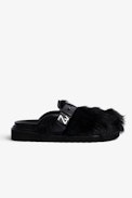Alpha Mules - Leather and black faux fur mules with adjustable strap featuring a ZV signature