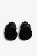 Alpha Mules - Leather and black faux fur mules with adjustable strap featuring a ZV signature
