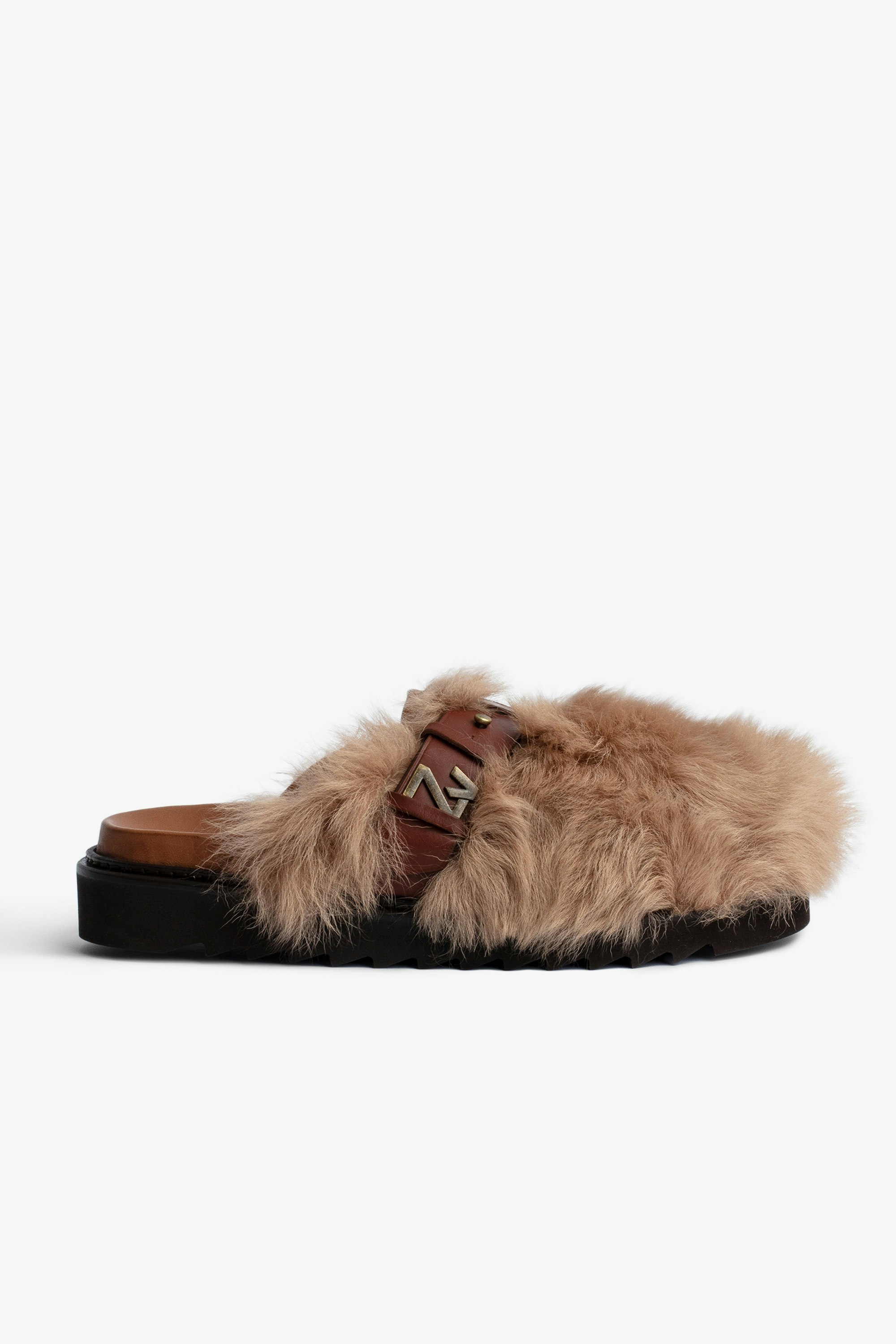Alpha サンダル Women’s camel leather and faux fur mules with adjustable strap featuring ZV signature