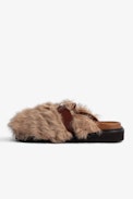 Alpha Mules - Women’s camel leather and faux fur mules with adjustable strap featuring ZV signature
