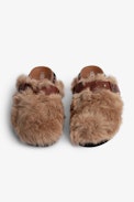 Alpha Mules - Women’s camel leather and faux fur mules with adjustable strap featuring ZV signature