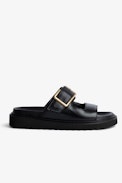 Cecilia Alpha Sandals - Women's black leather sandals with strap and gold C-shaped buckle
