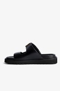 Cecilia Alpha Sandals - Women's black leather sandals with strap and gold C-shaped buckle