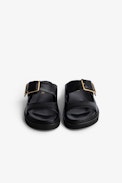 Cecilia Alpha Sandals - Women's black leather sandals with strap and gold C-shaped buckle