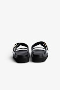Cecilia Alpha Sandals - Women's black leather sandals with strap and gold C-shaped buckle