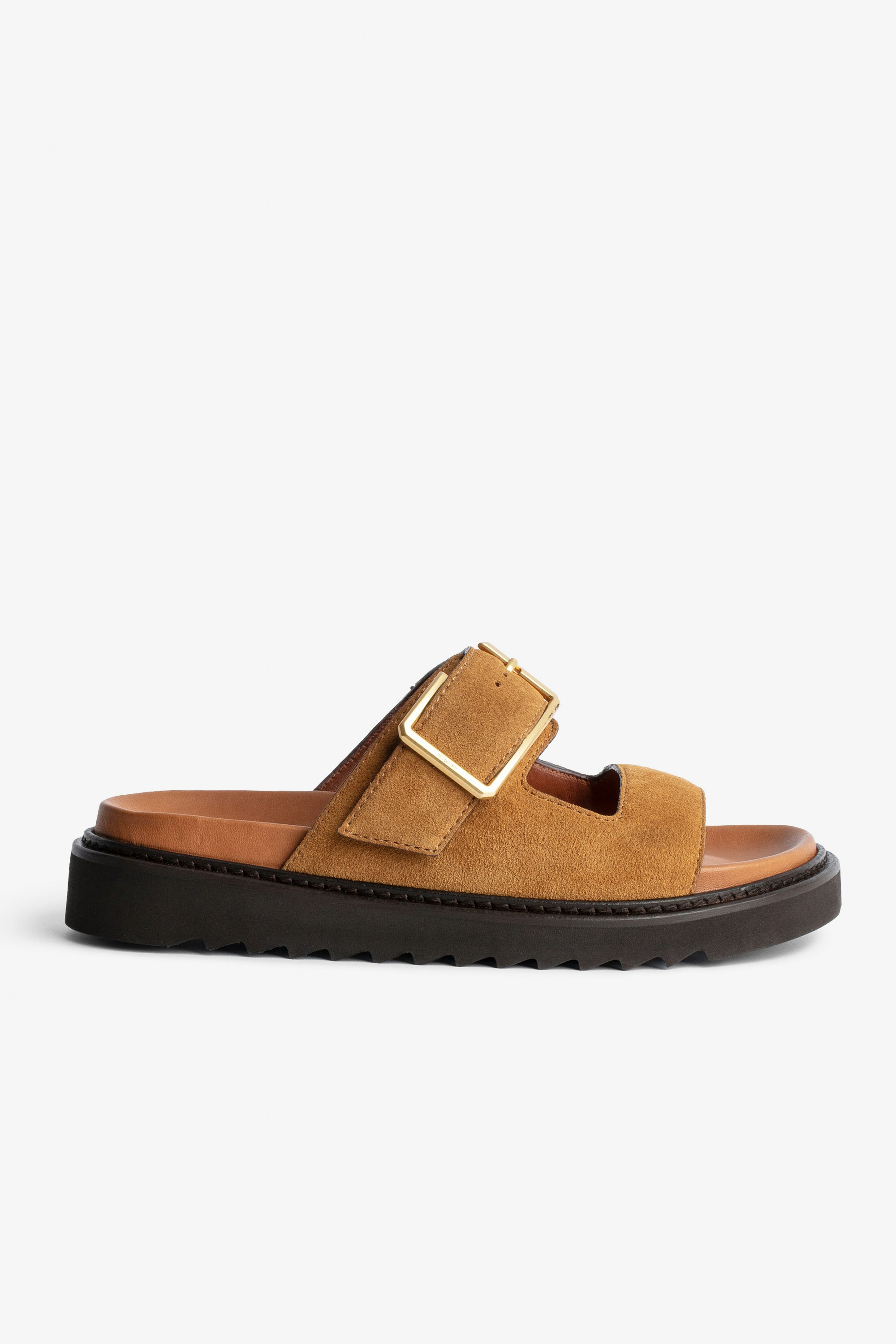 Cecilia Alpha Suede Sandals - Women's suede sandals with strap and gold C-shaped buckle.