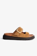 Cecilia Alpha Suede Sandals - Women's suede sandals with strap and gold C-shaped buckle.