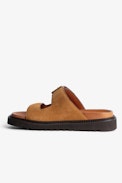 Cecilia Alpha Suede Sandals - Women's suede sandals with strap and gold C-shaped buckle.