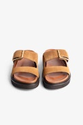 Cecilia Alpha Suede Sandals - Women's suede sandals with strap and gold C-shaped buckle.