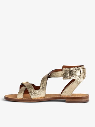 Cecilia Caprese Sandals - Metallic crinkled leather sandals with straps and C buckles.