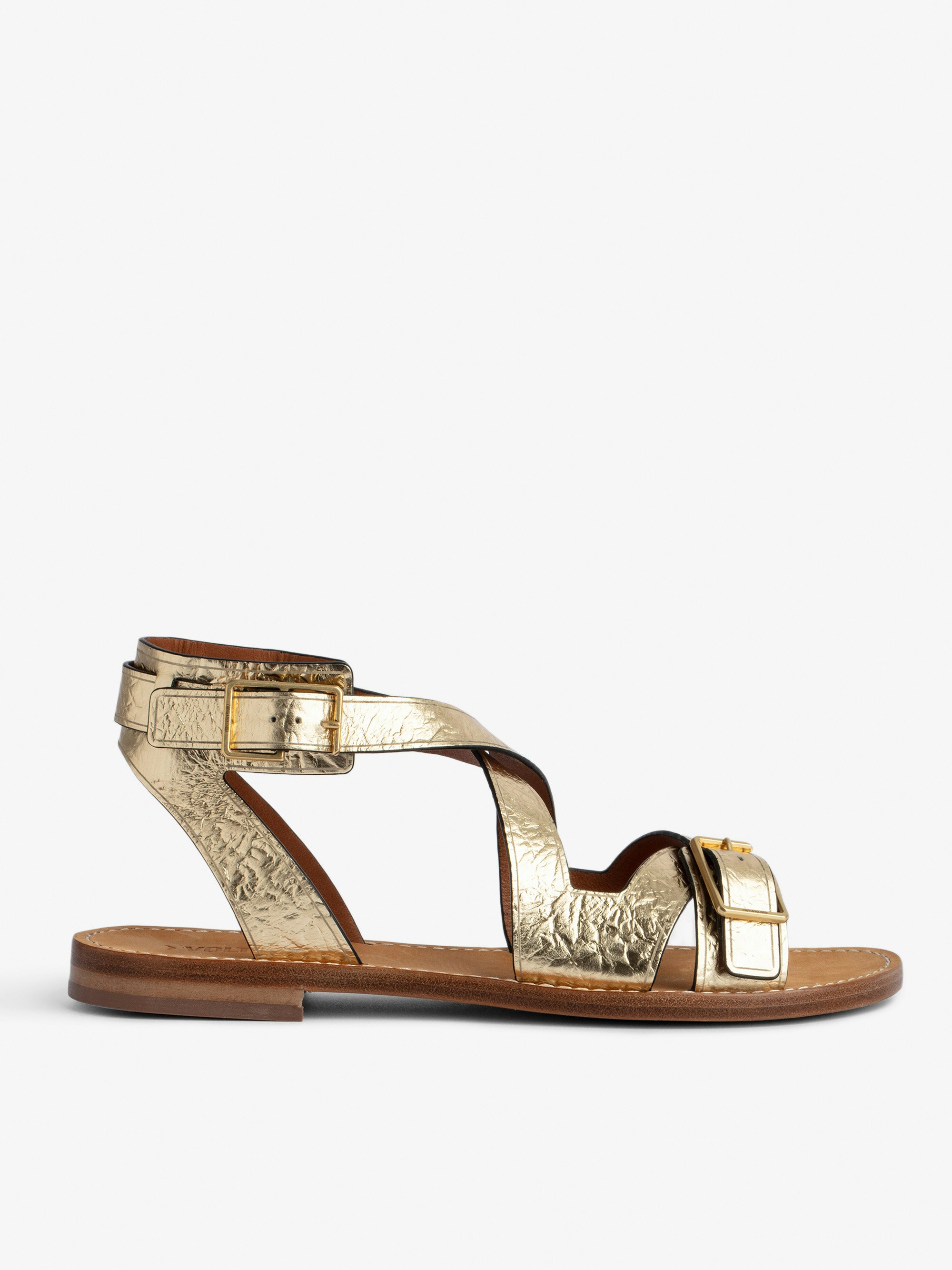 Cecilia Caprese Sandals - Women's sandals in metallic, crinkled leather with straps and C-shaped buckles