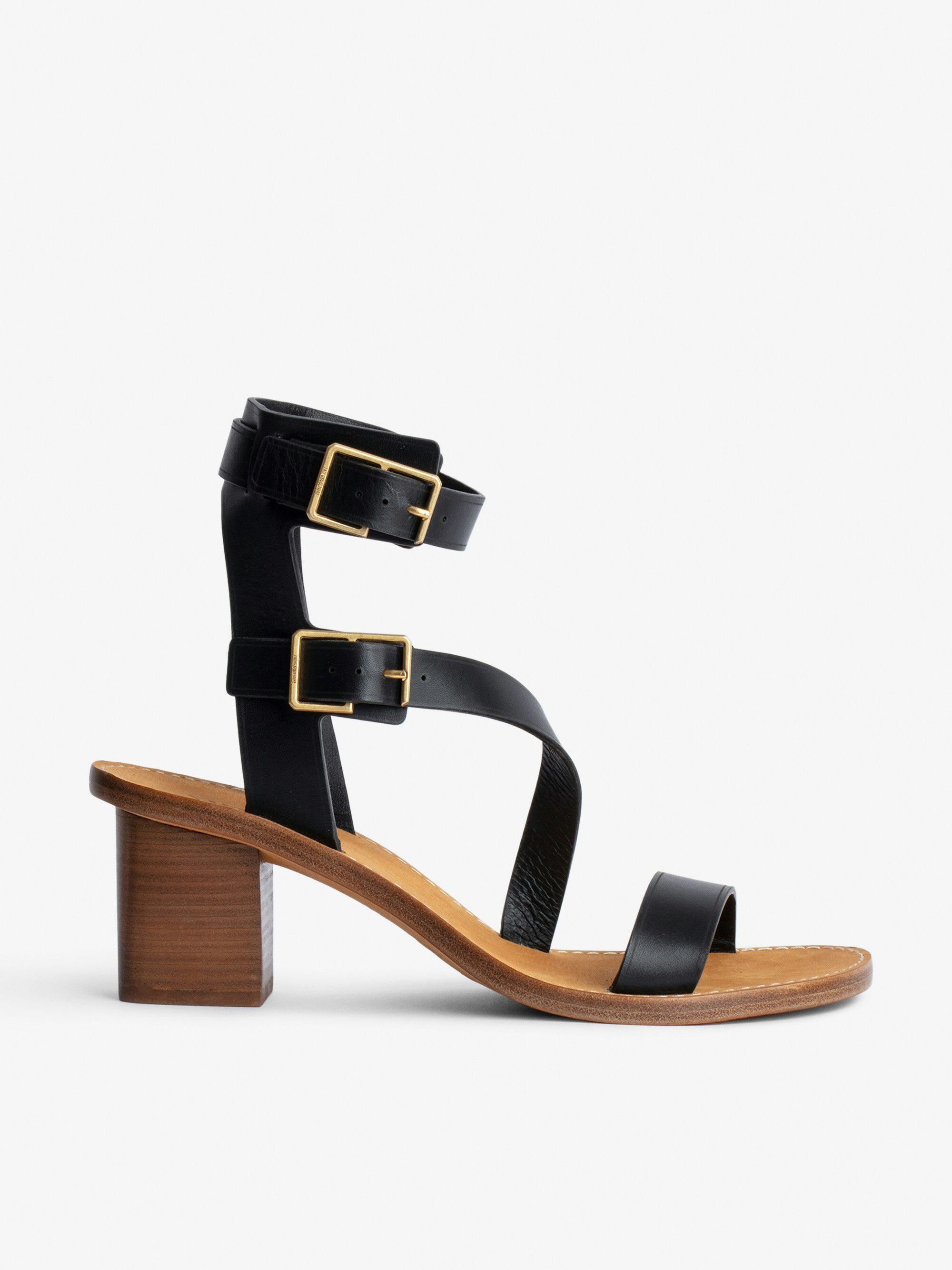 Cecilia Caprese Sandals - Women's high-top smooth black leather sandals with straps and C-shaped buckles