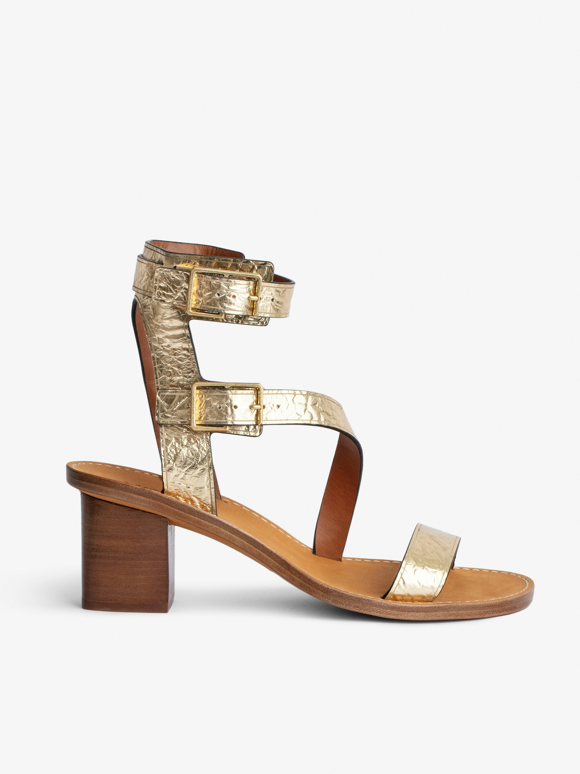 Cecilia Caprese Sandals - Women's high-top sandals in metallic, crinkled leather with straps and C-shaped buckles