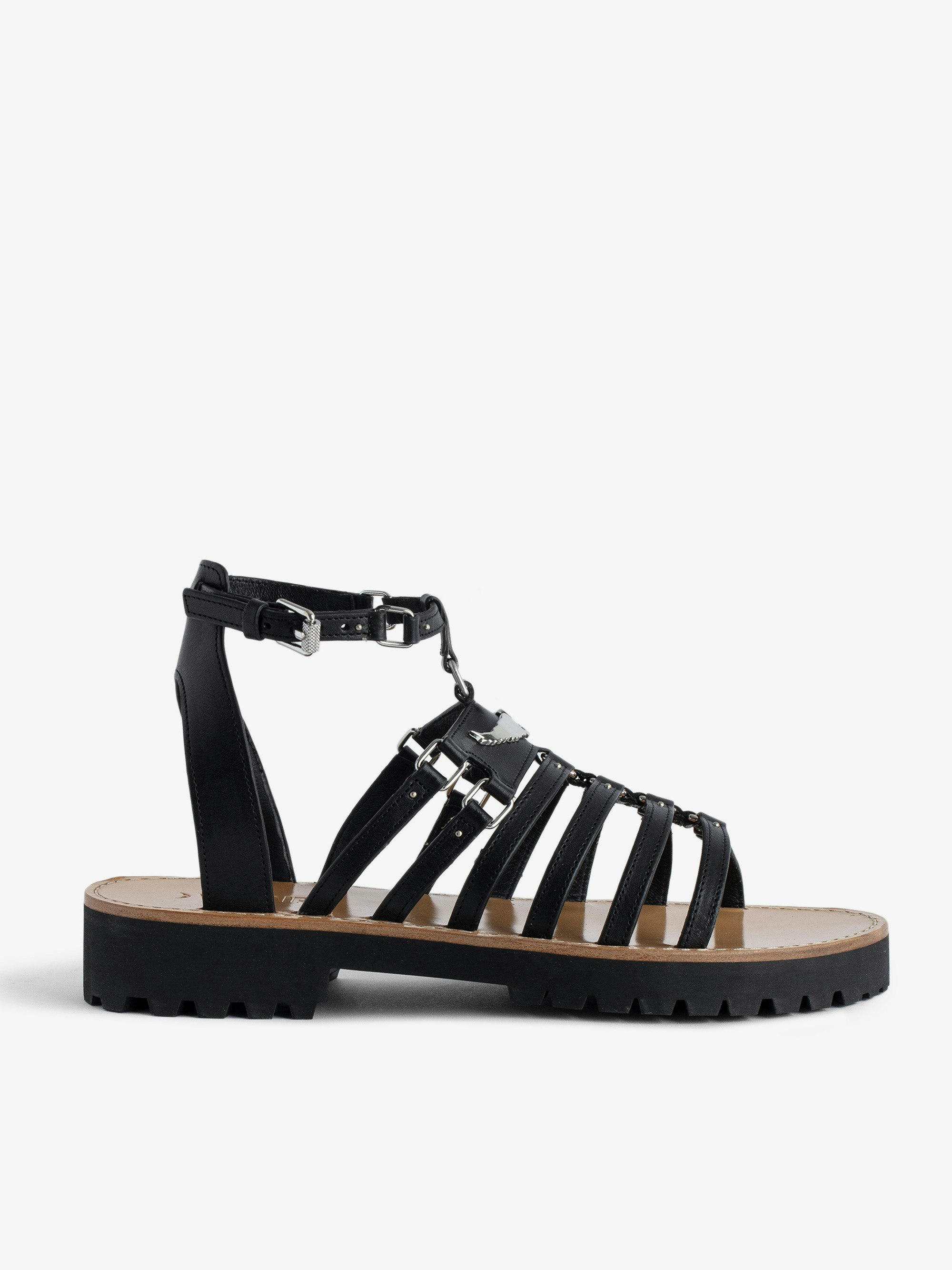 Joe Sandals - Black vegetable-tanned leather sandals with straps, adjustable buckle and wings charm.