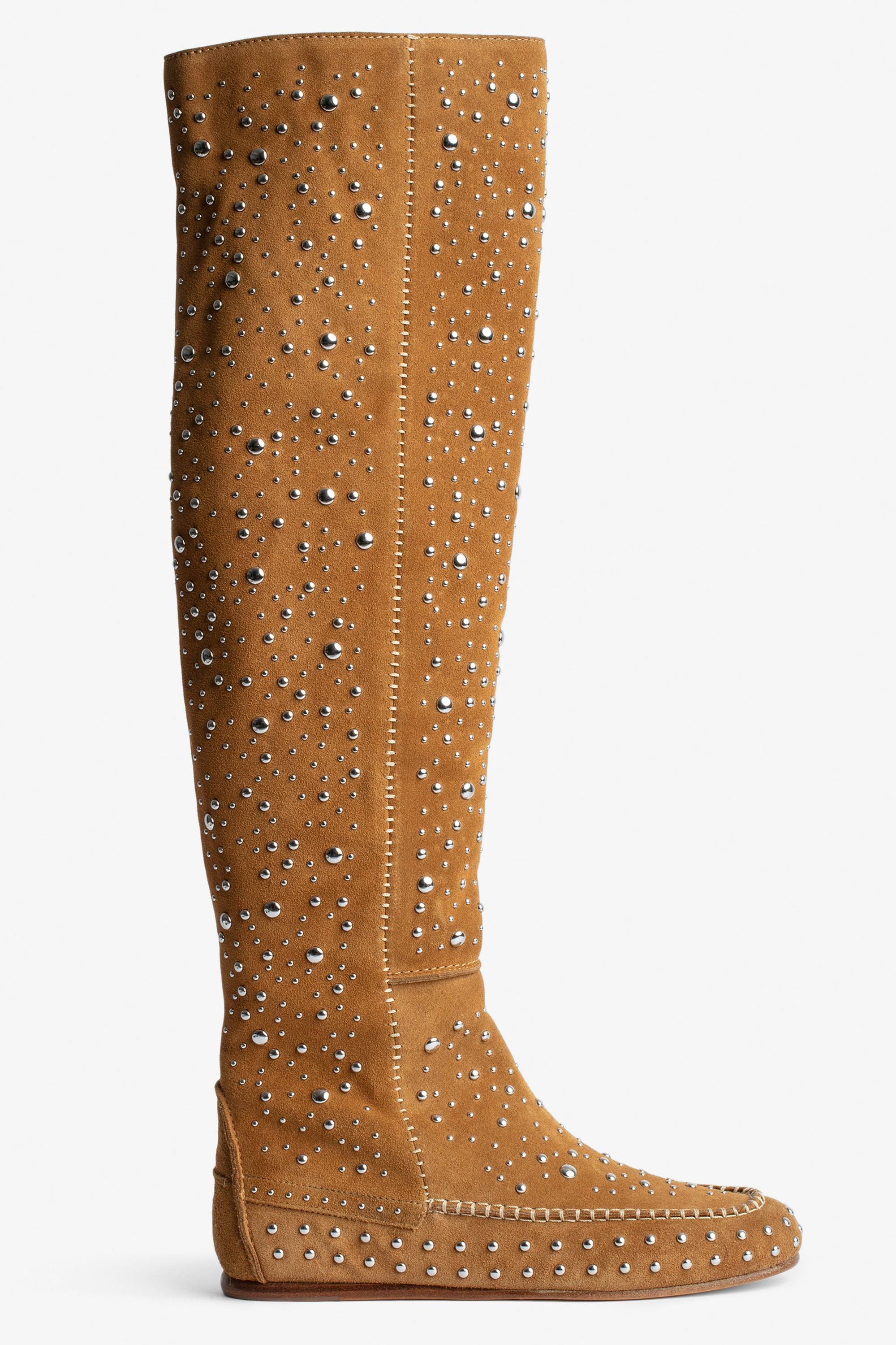 Stiefel Santa Hohe Damenstiefel aus braunem Veloursleder mit silberfarbenen Nieten und Steppnähten