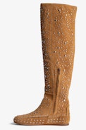 Santa Dream Studs High Boots - Women’s  suede knee-high boots with silver-tone studs and topstitching