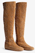 Santa Dream Studs High Boots - Women’s  suede knee-high boots with silver-tone studs and topstitching