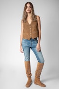 Santa Dream Studs High Boots - Women’s  suede knee-high boots with silver-tone studs and topstitching