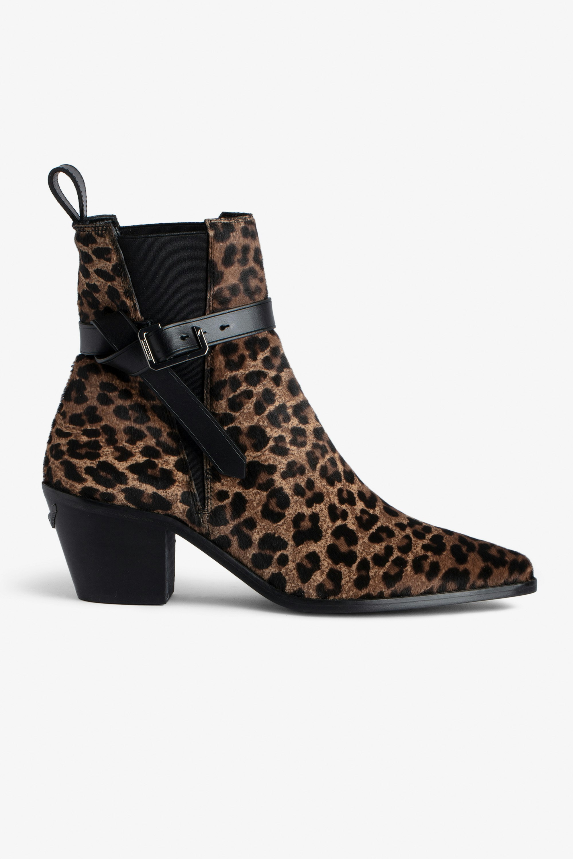 Tyler Ankle Boots - Women’s leopard-print brown leather ankle boots with C buckle.